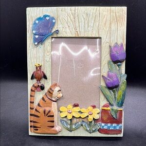 Cottagecore Ceramic Cat & Flower Photo Frame Vintage Tabletop Art